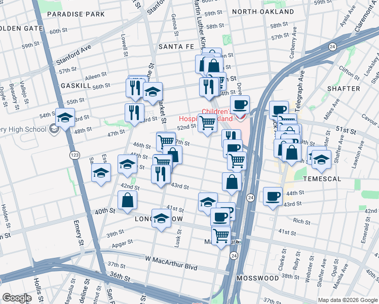 map of restaurants, bars, coffee shops, grocery stores, and more near 852 46th Street in Oakland