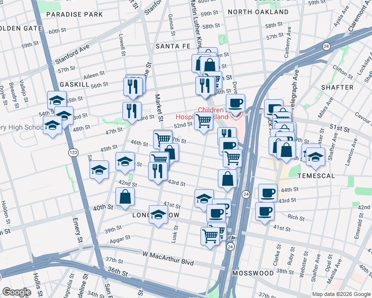 map of restaurants, bars, coffee shops, grocery stores, and more near 852 46th Street in Oakland