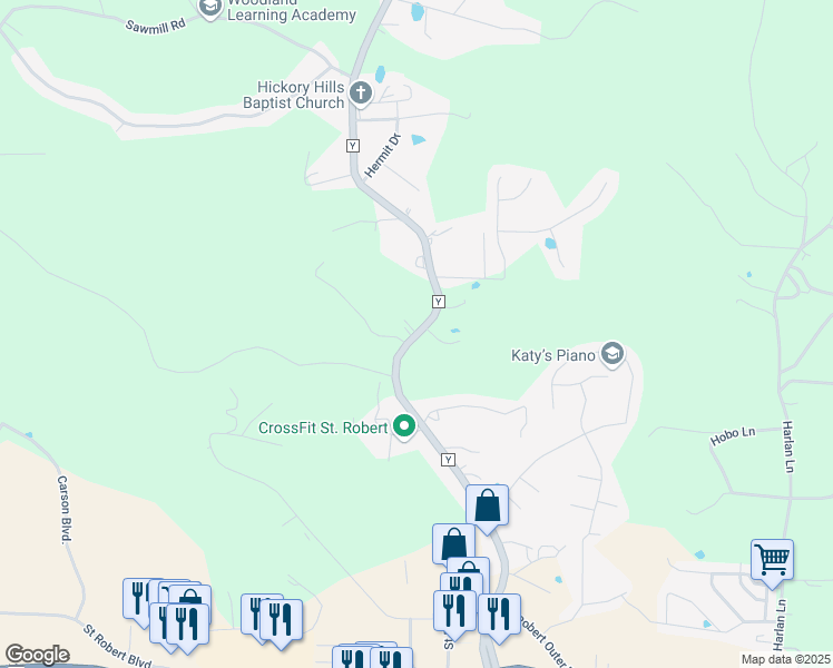 map of restaurants, bars, coffee shops, grocery stores, and more near 22185 State Highway Y in St. Robert