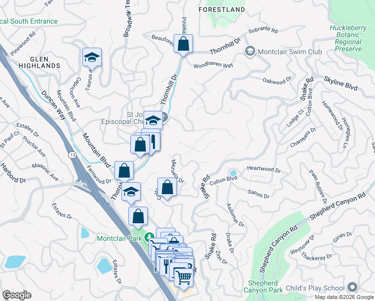 map of restaurants, bars, coffee shops, grocery stores, and more near 6060 Mazuela Drive in Oakland