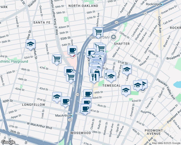 map of restaurants, bars, coffee shops, grocery stores, and more near Shattuck Ave & 48th St in Oakland
