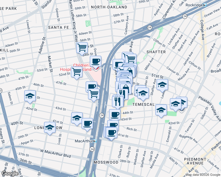 map of restaurants, bars, coffee shops, grocery stores, and more near 577 48th Street in Oakland