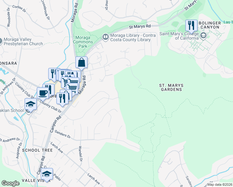 map of restaurants, bars, coffee shops, grocery stores, and more near 310 Glen Alpine Court in Moraga