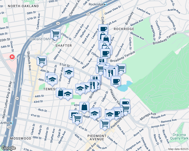 map of restaurants, bars, coffee shops, grocery stores, and more near 320 51st Street in Oakland
