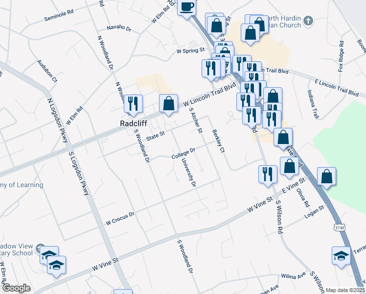 map of restaurants, bars, coffee shops, grocery stores, and more near 284 University Drive in Radcliff