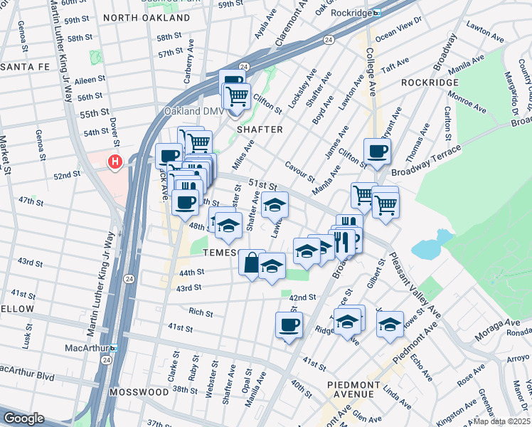 map of restaurants, bars, coffee shops, grocery stores, and more near 4803 Lawton Avenue in Oakland