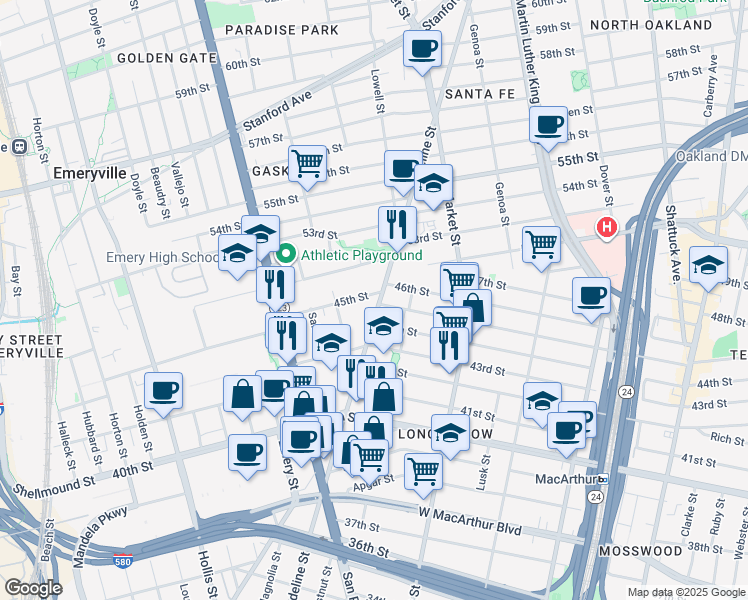 map of restaurants, bars, coffee shops, grocery stores, and more near 4357 Adeline Street in Emeryville