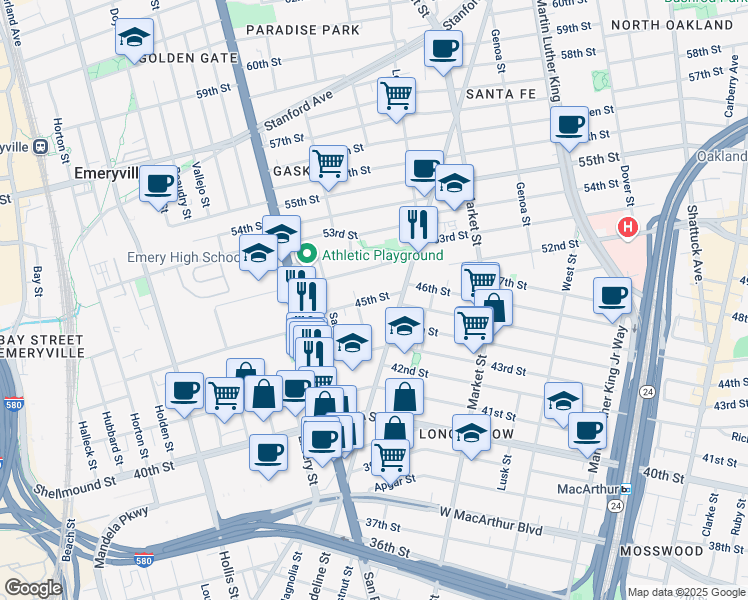 map of restaurants, bars, coffee shops, grocery stores, and more near 4325 Essex Street in Emeryville