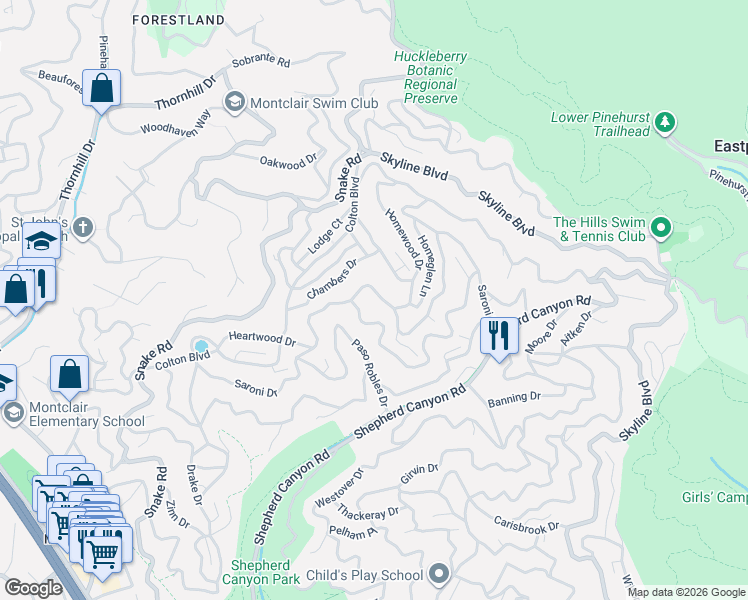 map of restaurants, bars, coffee shops, grocery stores, and more near 6949 Sayre Drive in Oakland