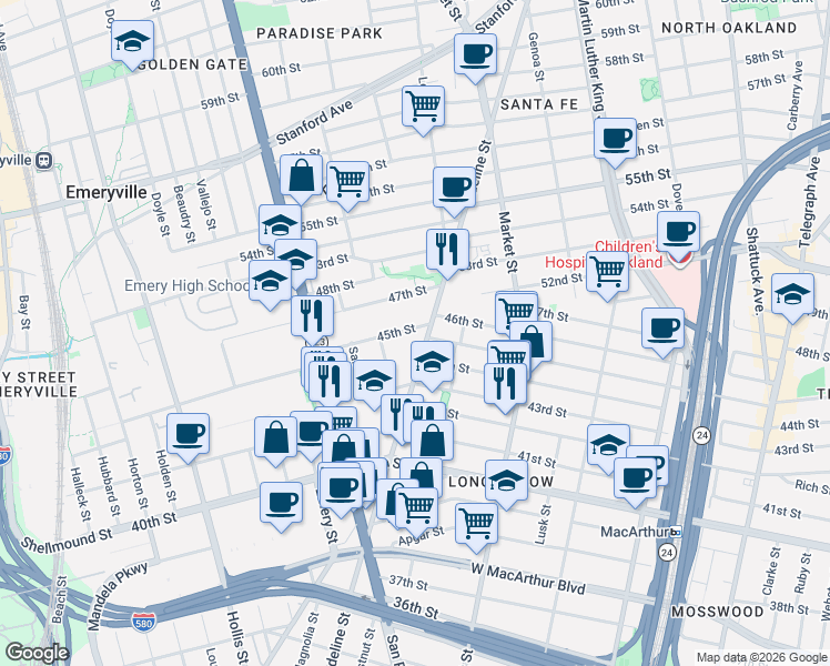 map of restaurants, bars, coffee shops, grocery stores, and more near 4357 Adeline Street in Emeryville
