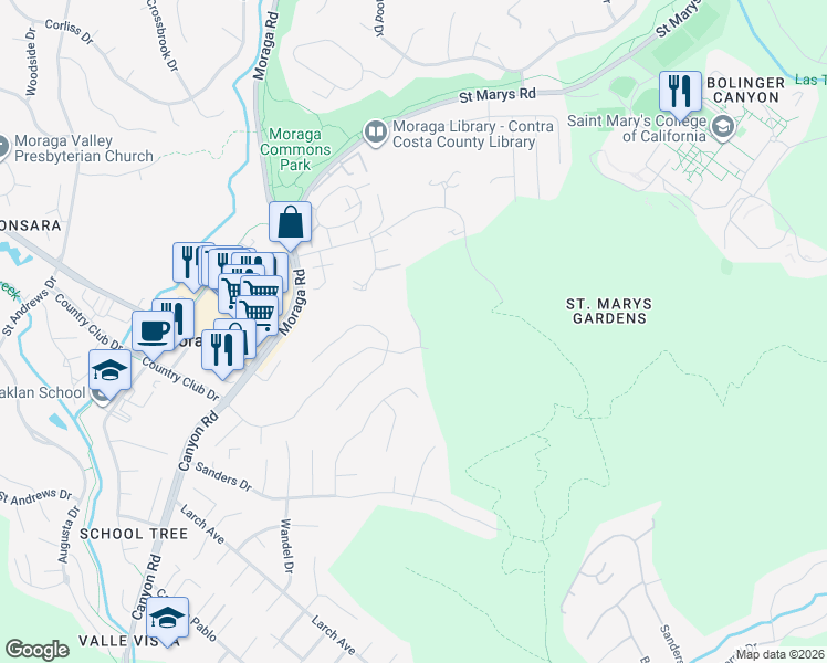 map of restaurants, bars, coffee shops, grocery stores, and more near 310 Glen Alpine Court in Moraga