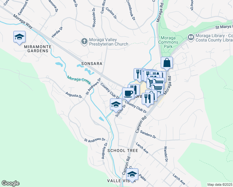 map of restaurants, bars, coffee shops, grocery stores, and more near 797 Country Club Drive in Moraga