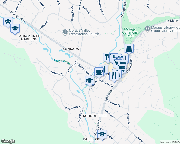 map of restaurants, bars, coffee shops, grocery stores, and more near 797 Country Club Drive in Moraga
