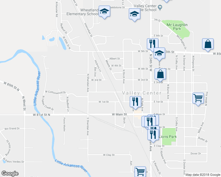 map of restaurants, bars, coffee shops, grocery stores, and more near 522 West 2nd Street in Valley Center