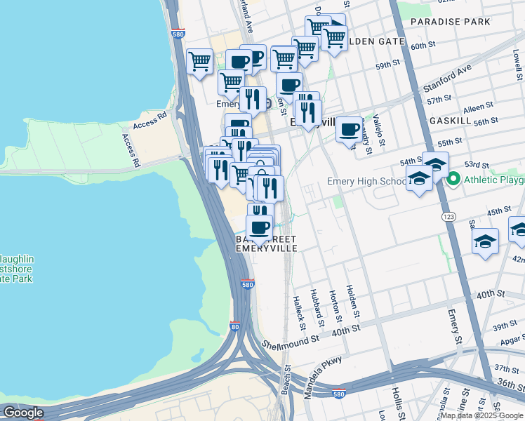 map of restaurants, bars, coffee shops, grocery stores, and more near 1535 Brunswig Lane in Emeryville