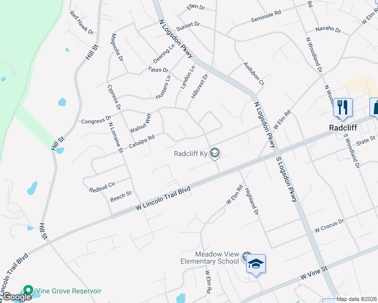 map of restaurants, bars, coffee shops, grocery stores, and more near 1401-1433 Catalpa Rd in Radcliff