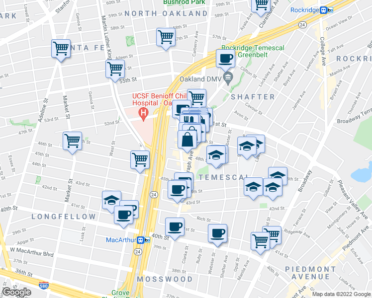 map of restaurants, bars, coffee shops, grocery stores, and more near 520 49th Street in Oakland