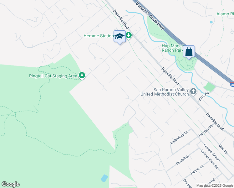 map of restaurants, bars, coffee shops, grocery stores, and more near 2 Alamo Glen Court in Alamo