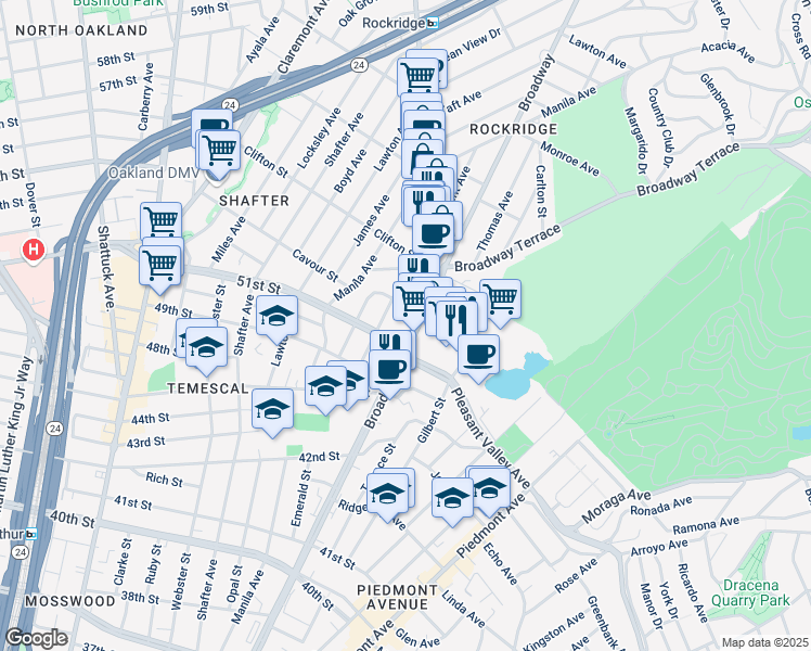 map of restaurants, bars, coffee shops, grocery stores, and more near 5131 Desmond Street in Oakland