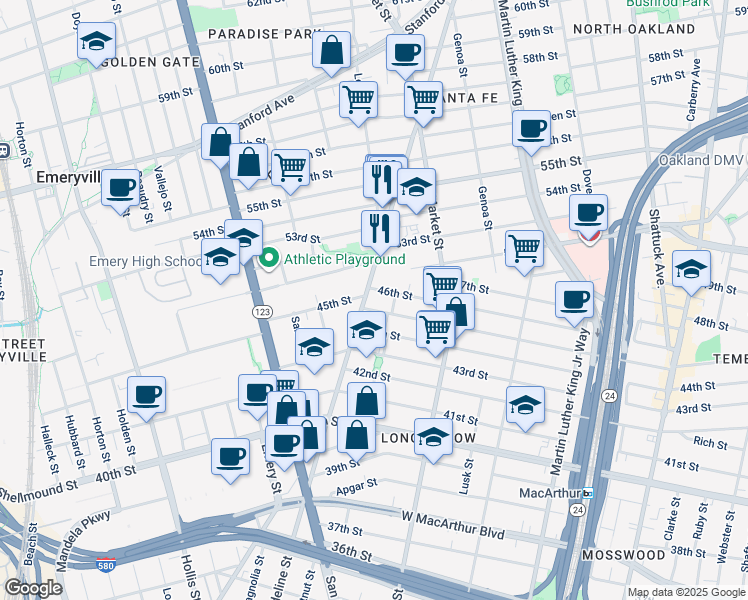 map of restaurants, bars, coffee shops, grocery stores, and more near in Emeryville