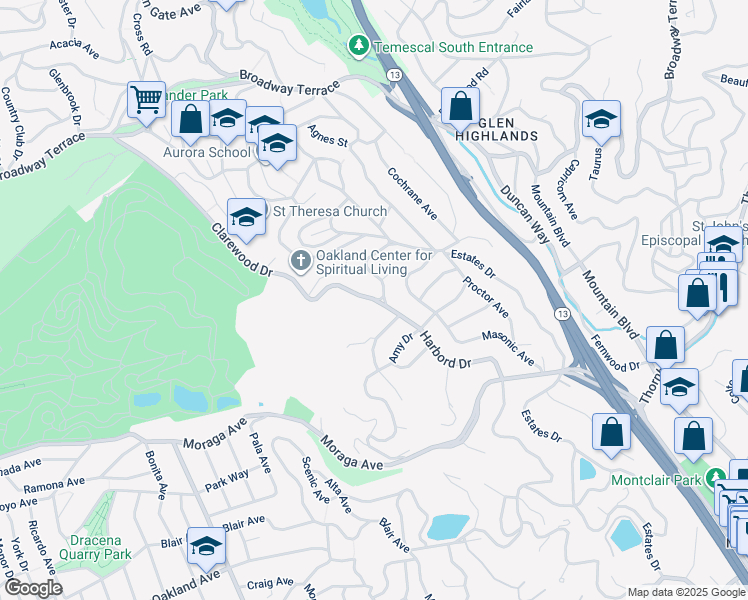 map of restaurants, bars, coffee shops, grocery stores, and more near Harbord Drive in Oakland
