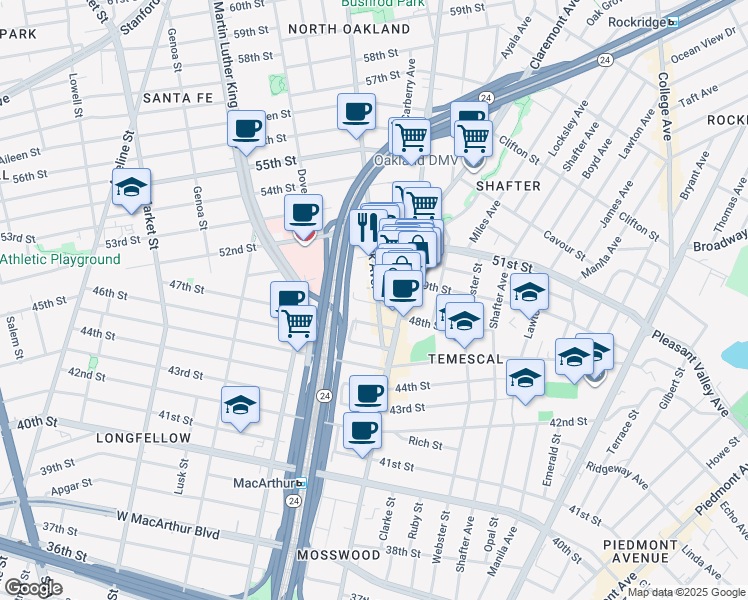 map of restaurants, bars, coffee shops, grocery stores, and more near 520 49th Street in Oakland