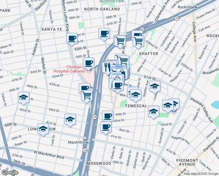 map of restaurants, bars, coffee shops, grocery stores, and more near 520 49th Street in Oakland