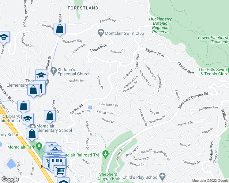 map of restaurants, bars, coffee shops, grocery stores, and more near 6901 Snake Road in Oakland