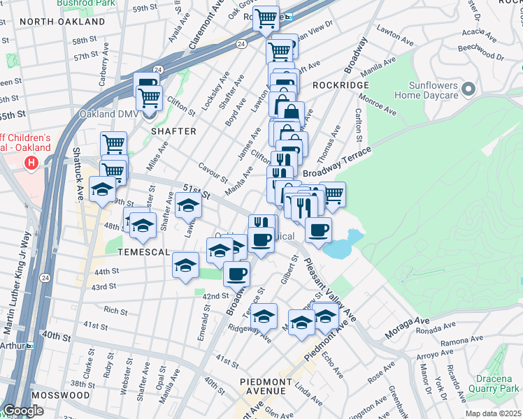 map of restaurants, bars, coffee shops, grocery stores, and more near 5131 Desmond Street in Oakland