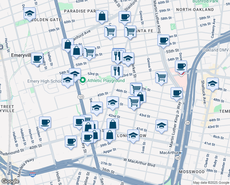 map of restaurants, bars, coffee shops, grocery stores, and more near 4507 Adeline Street in Emeryville