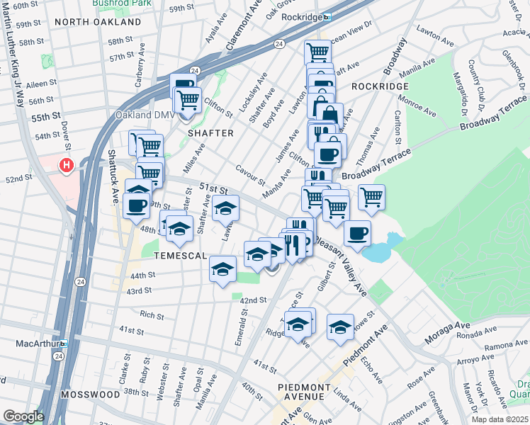 map of restaurants, bars, coffee shops, grocery stores, and more near 345 51st Street in Oakland