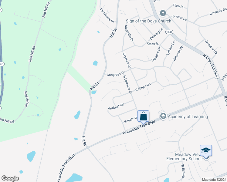 map of restaurants, bars, coffee shops, grocery stores, and more near 1721 Holly Court in Radcliff