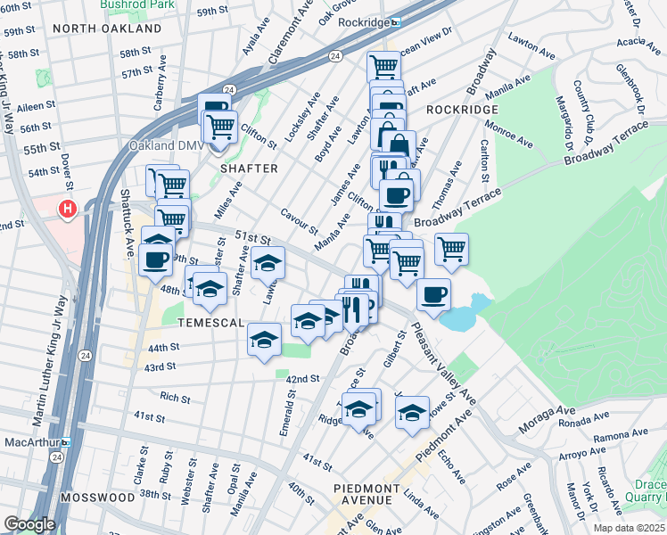 map of restaurants, bars, coffee shops, grocery stores, and more near Coronado Avenue in Oakland