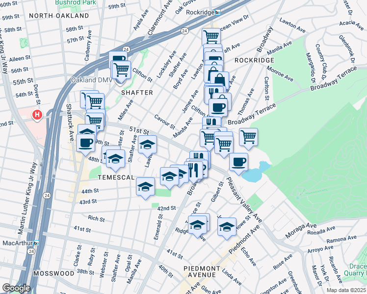 map of restaurants, bars, coffee shops, grocery stores, and more near Coronado Avenue in Piedmont