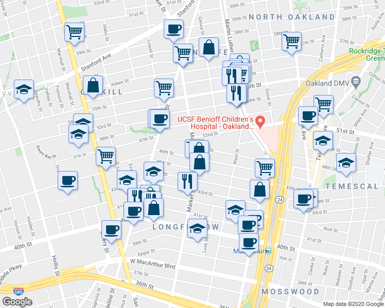 map of restaurants, bars, coffee shops, grocery stores, and more near 4603 Market Street in Oakland