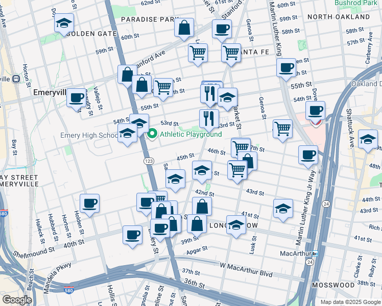 map of restaurants, bars, coffee shops, grocery stores, and more near 4507 Adeline Street in Emeryville