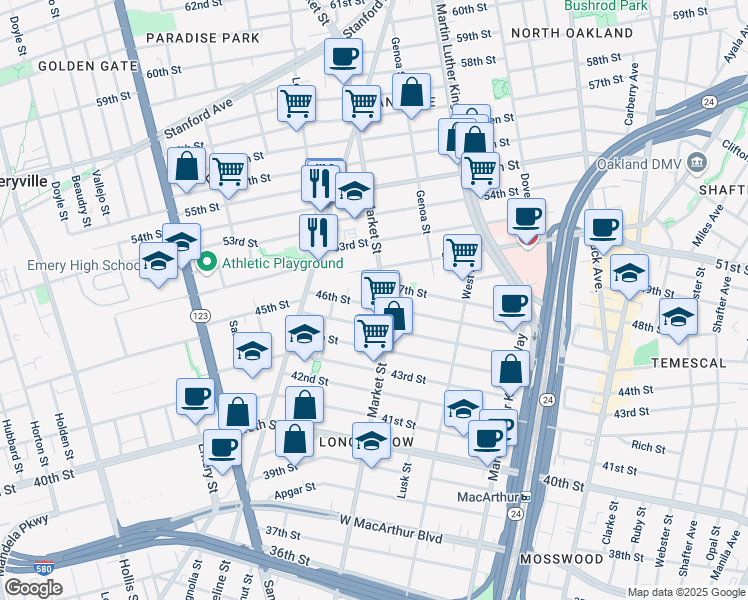 map of restaurants, bars, coffee shops, grocery stores, and more near 916 46th Street in Oakland