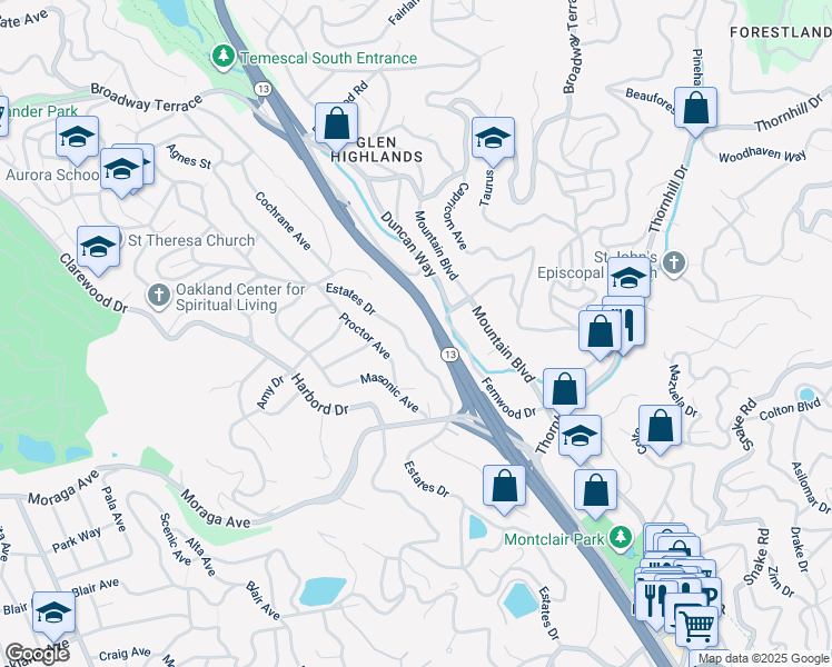 map of restaurants, bars, coffee shops, grocery stores, and more near 5510 Estates Drive in Oakland