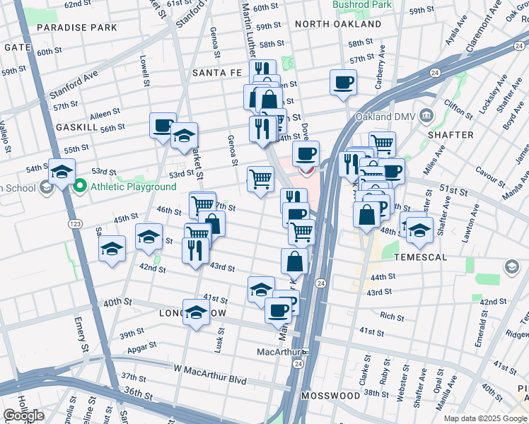 map of restaurants, bars, coffee shops, grocery stores, and more near 4738 West Street in Oakland