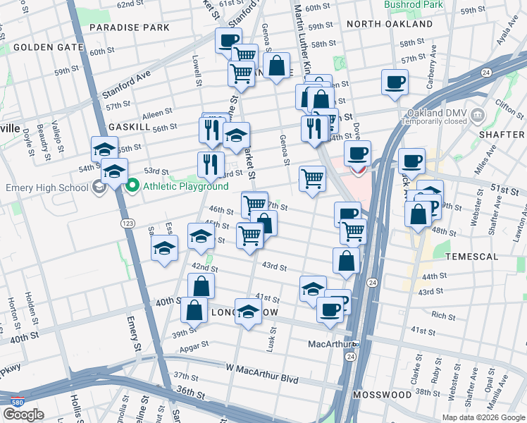 map of restaurants, bars, coffee shops, grocery stores, and more near 892 47th Street in Oakland