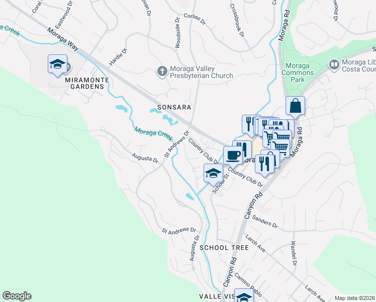 map of restaurants, bars, coffee shops, grocery stores, and more near 740 Country Club Drive in Moraga