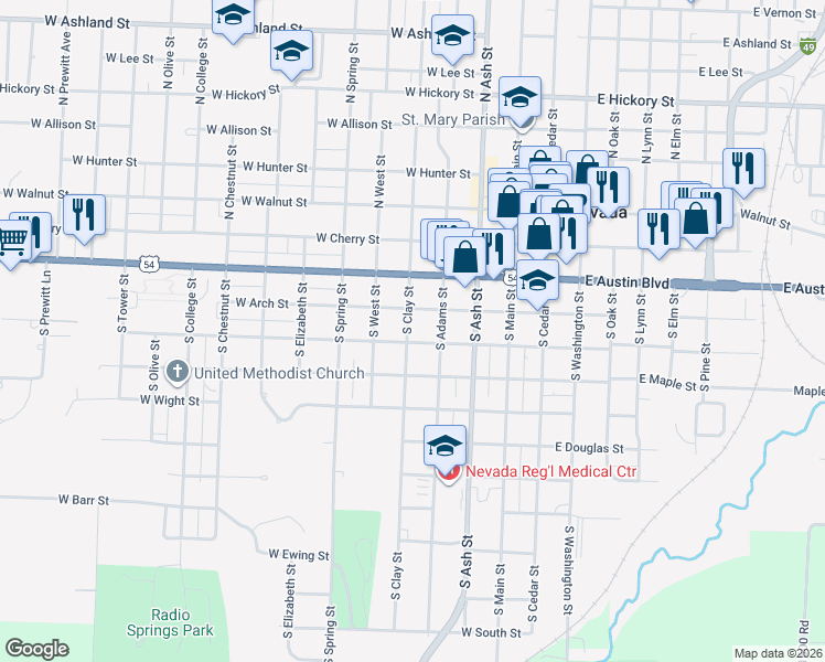 map of restaurants, bars, coffee shops, grocery stores, and more near 311 South Clay Street in Nevada