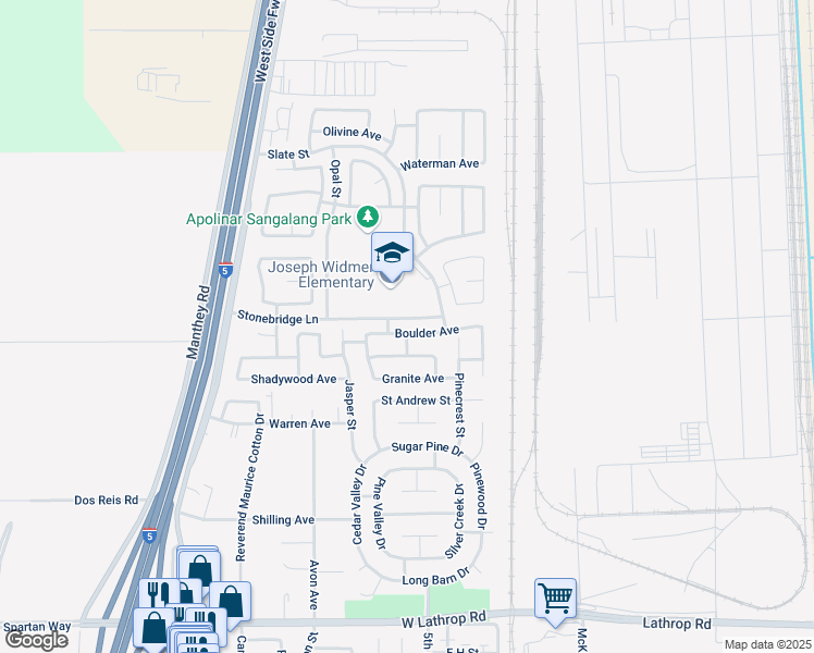 map of restaurants, bars, coffee shops, grocery stores, and more near 759 Boulder Avenue in Lathrop