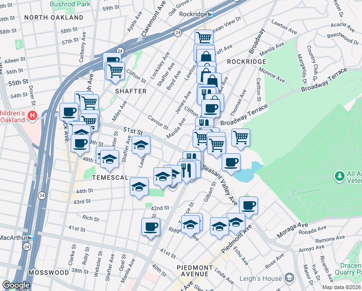 map of restaurants, bars, coffee shops, grocery stores, and more near 5108 Coronado Avenue in Oakland