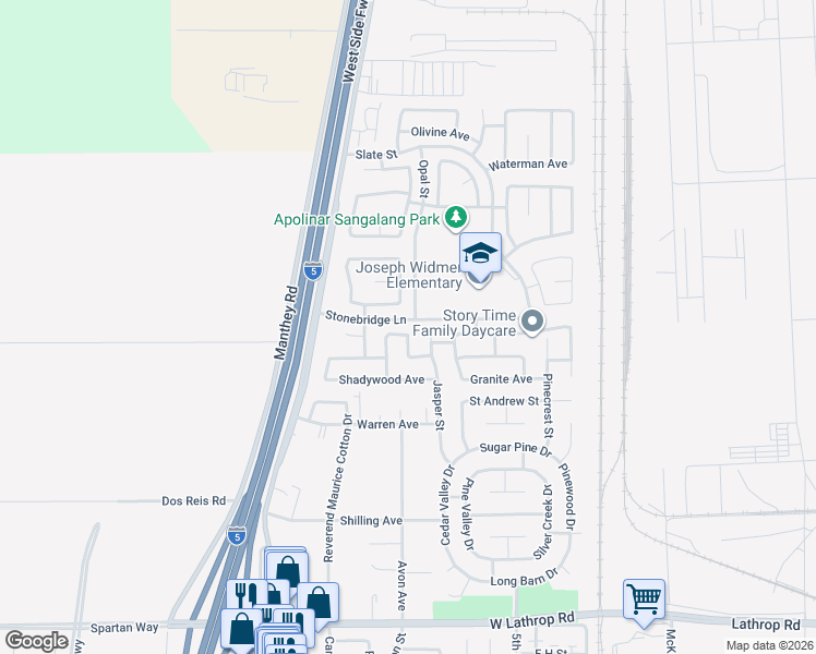 map of restaurants, bars, coffee shops, grocery stores, and more near 278 Siltstone Avenue in Lathrop