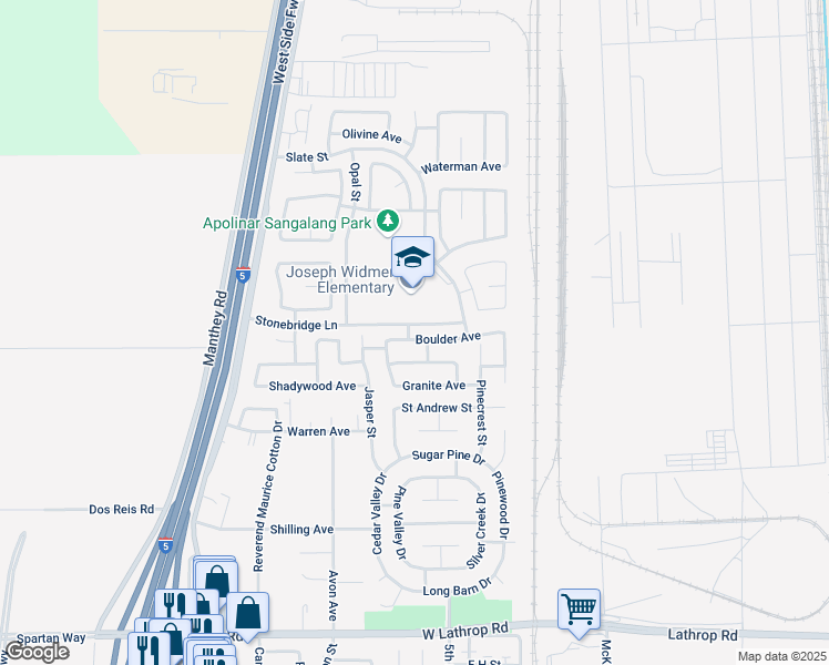 map of restaurants, bars, coffee shops, grocery stores, and more near 759 Boulder Avenue in Lathrop