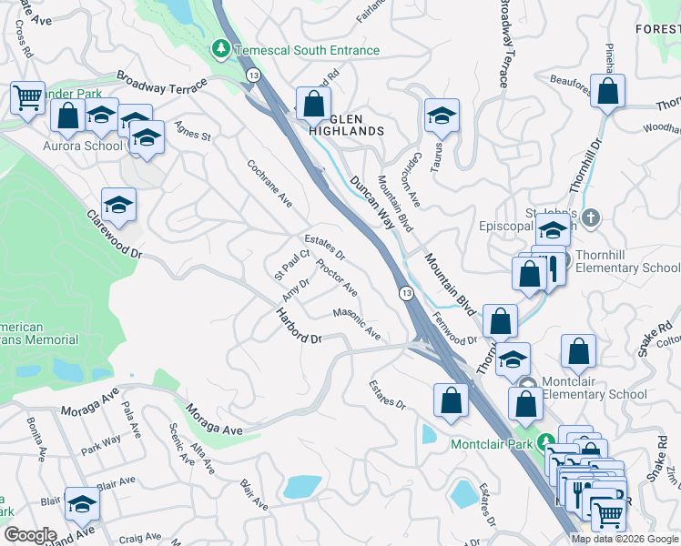 map of restaurants, bars, coffee shops, grocery stores, and more near 5439 Estates Drive in Oakland
