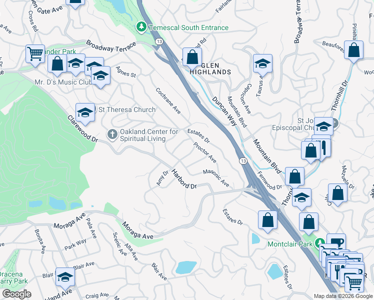 map of restaurants, bars, coffee shops, grocery stores, and more near 5827 Amy Drive in Oakland