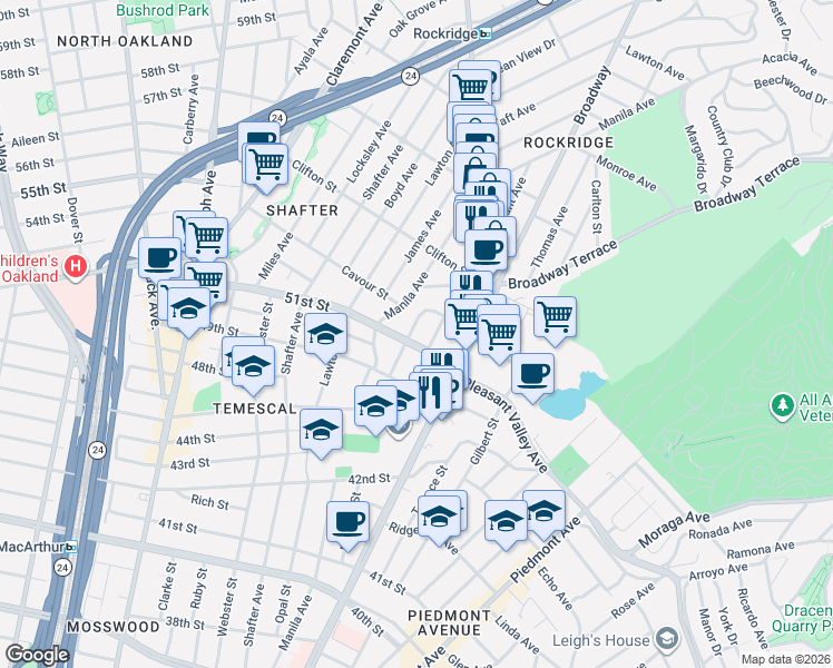 map of restaurants, bars, coffee shops, grocery stores, and more near 5112 Manila Avenue in Oakland
