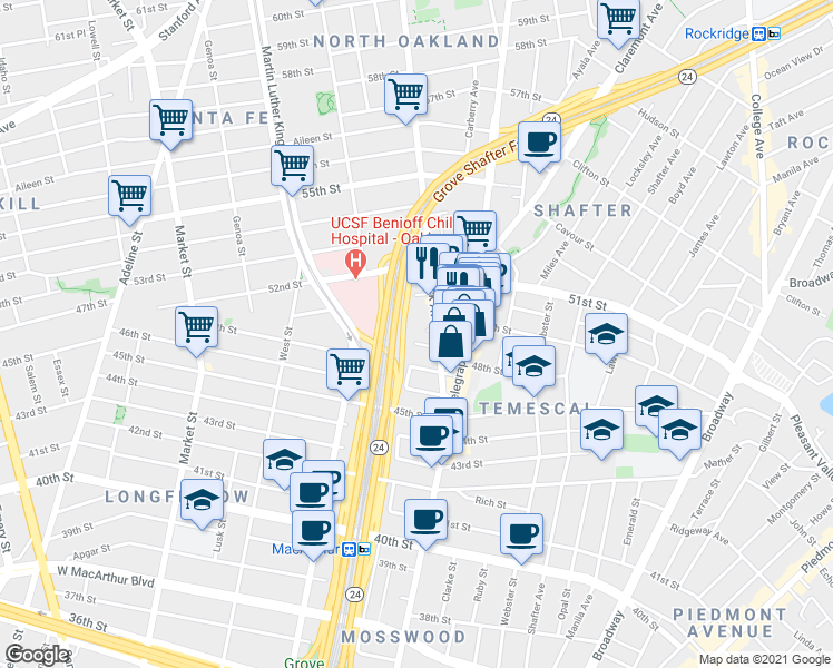 map of restaurants, bars, coffee shops, grocery stores, and more near 582 48th Street in Oakland